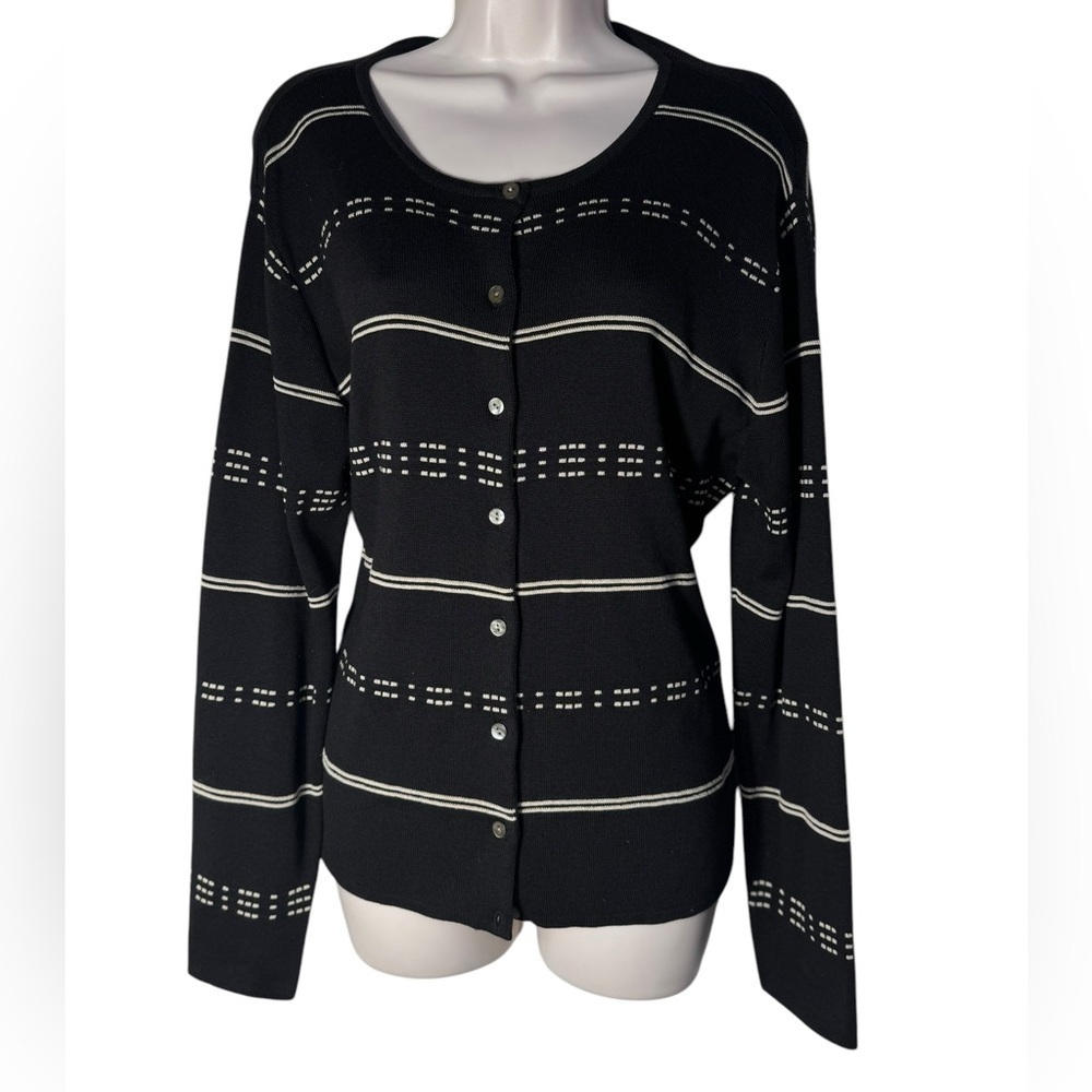 Talbots Black & Beige Cardigan Women's Sweater Size Large 75% Silk & 25% Cotton